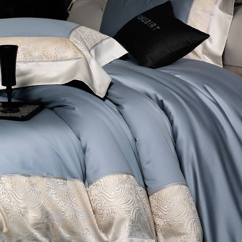 VILZSTUDIOS champagne and beige animal jacquard border duvet cover set with wide tailored flanges