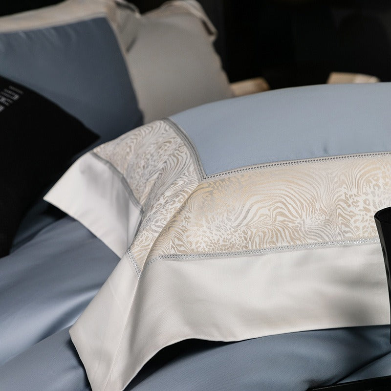 VILZSTUDIOS champagne and beige animal jacquard border duvet cover set with wide tailored flanges