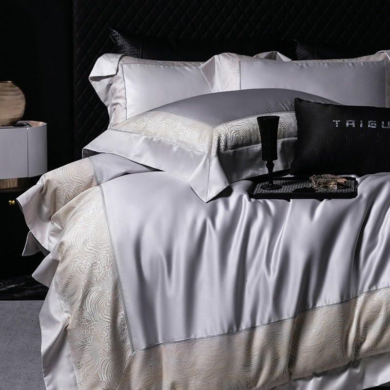 VILZSTUDIOS champagne and beige animal jacquard border duvet cover set with wide tailored flanges