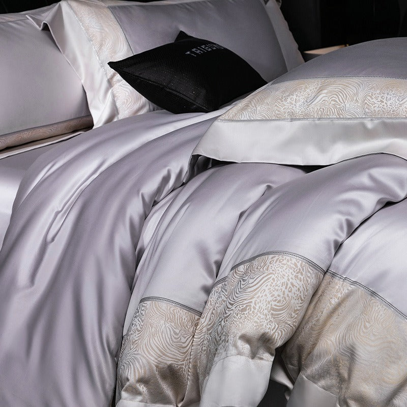 VILZSTUDIOS champagne and beige animal jacquard border duvet cover set with wide tailored flanges