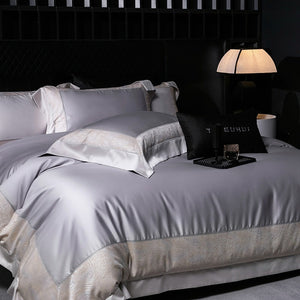 VILZSTUDIOS champagne and beige animal jacquard border duvet cover set with wide tailored flanges