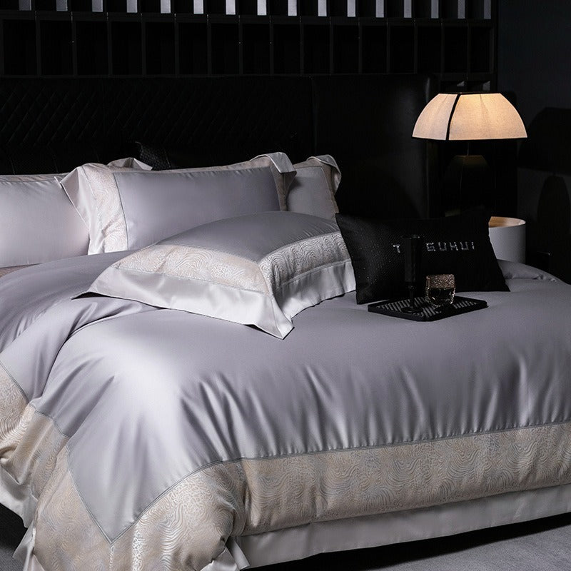 VILZSTUDIOS champagne and beige animal jacquard border duvet cover set with wide tailored flanges