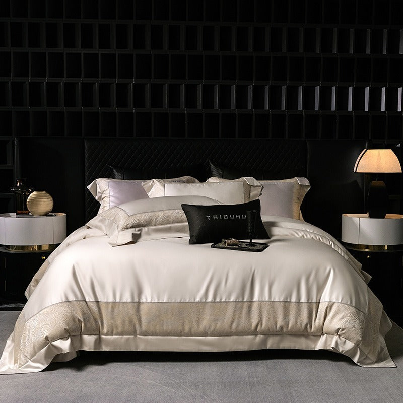 VILZSTUDIOS champagne and beige animal jacquard border duvet cover set with wide tailored flanges
