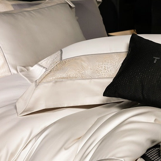 VILZSTUDIOS champagne and beige animal jacquard border duvet cover set with wide tailored flanges