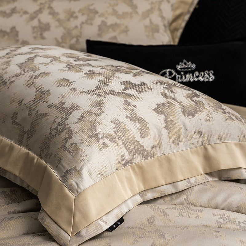 VILZSTUDIOS champagne gold and ivory painterly jacquard satin bedding set with wide borders