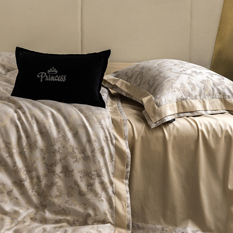 VILZSTUDIOS champagne gold and ivory painterly jacquard satin bedding set with wide borders