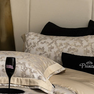 VILZSTUDIOS champagne gold and ivory painterly jacquard satin bedding set with wide borders