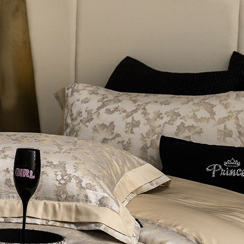 VILZSTUDIOS champagne gold and ivory painterly jacquard satin bedding set with wide borders