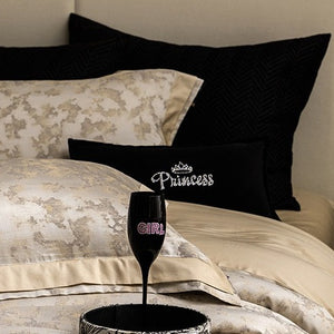 VILZSTUDIOS champagne gold and ivory painterly jacquard satin bedding set with wide borders
