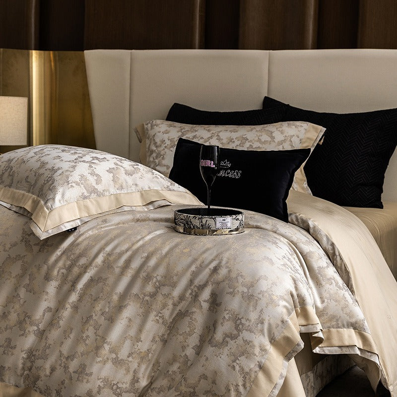 VILZSTUDIOS champagne gold and ivory painterly jacquard satin bedding set with wide borders