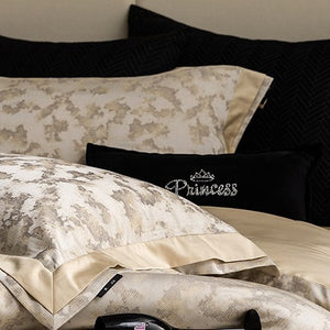 VILZSTUDIOS champagne gold and ivory painterly jacquard satin bedding set with wide borders