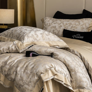 VILZSTUDIOS champagne gold and ivory painterly jacquard satin bedding set with wide borders