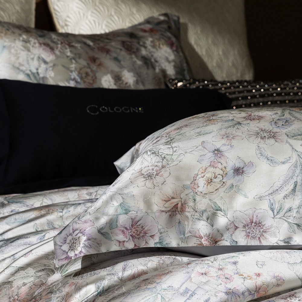 VILZSTUDIOS champagne botanical and architectural print satin duvet cover set with flanged pillowcases