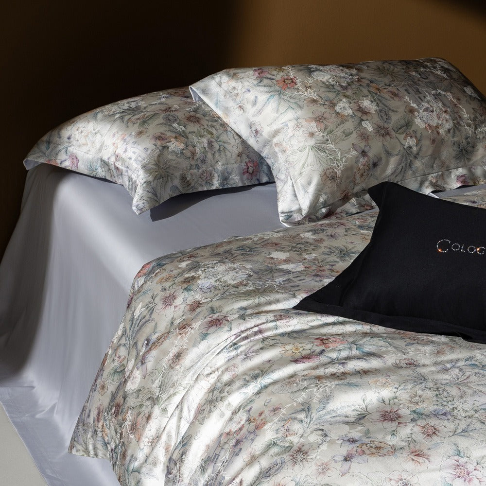 VILZSTUDIOS champagne botanical and architectural print satin duvet cover set with flanged pillowcases