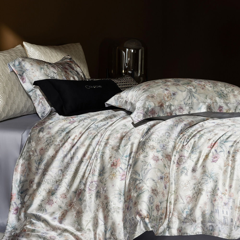 VILZSTUDIOS champagne botanical and architectural print satin duvet cover set with flanged pillowcases