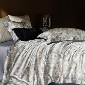 VILZSTUDIOS champagne botanical and architectural print satin duvet cover set with flanged pillowcases