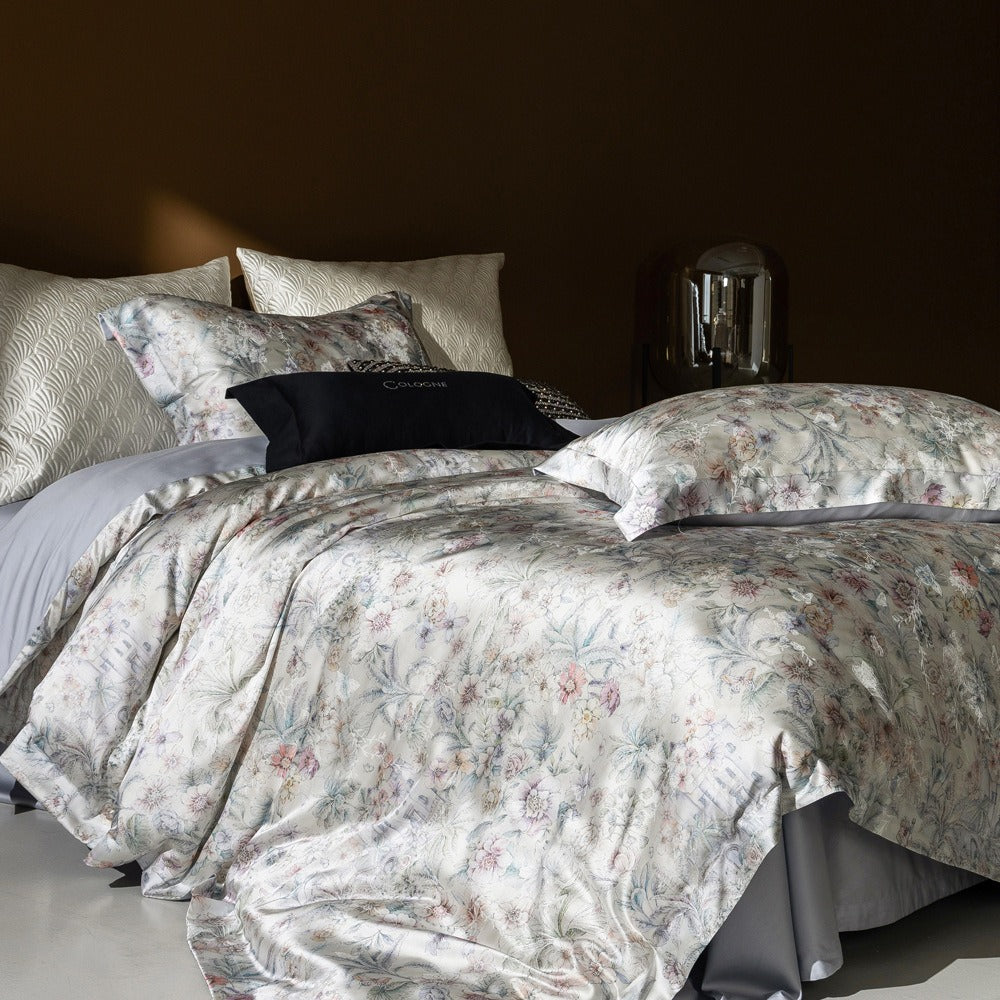 VILZSTUDIOS champagne botanical and architectural print satin duvet cover set with flanged pillowcases