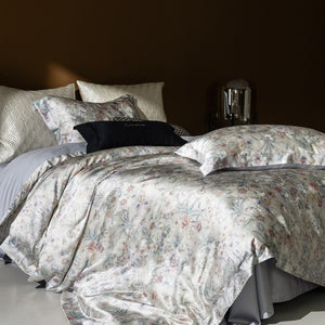VILZSTUDIOS champagne botanical and architectural print satin duvet cover set with flanged pillowcases