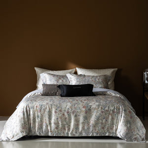VILZSTUDIOS champagne botanical and architectural print satin duvet cover set with flanged pillowcases