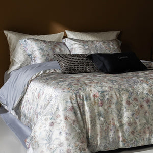 VILZSTUDIOS champagne botanical and architectural print satin duvet cover set with flanged pillowcases