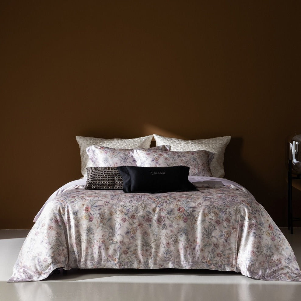 VILZSTUDIOS champagne botanical and architectural print satin duvet cover set with flanged pillowcases