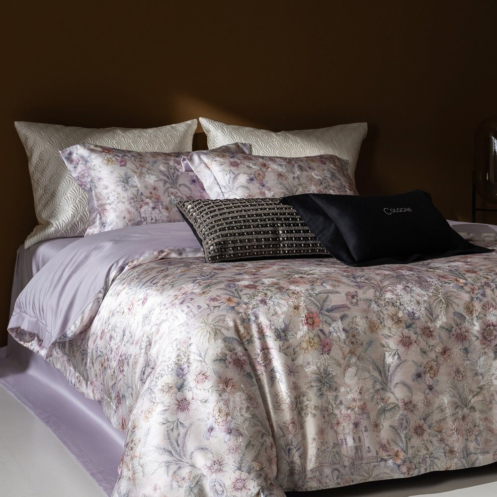 VILZSTUDIOS champagne botanical and architectural print satin duvet cover set with flanged pillowcases