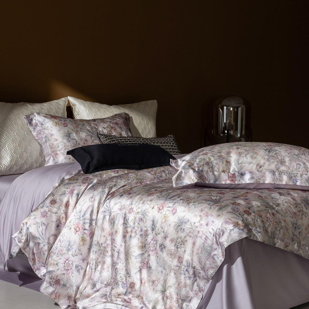 VILZSTUDIOS champagne botanical and architectural print satin duvet cover set with flanged pillowcases