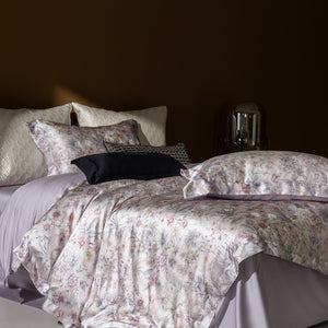 VILZSTUDIOS champagne botanical and architectural print satin duvet cover set with flanged pillowcases