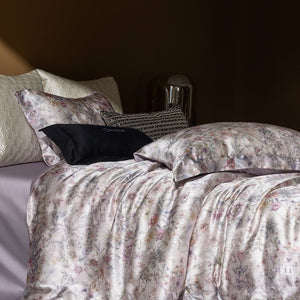 VILZSTUDIOS champagne botanical and architectural print satin duvet cover set with flanged pillowcases