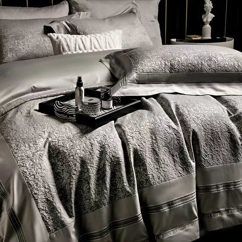 VILZSTUDIOS champagne-silver textured jacquard duvet cover set with wide satin borders