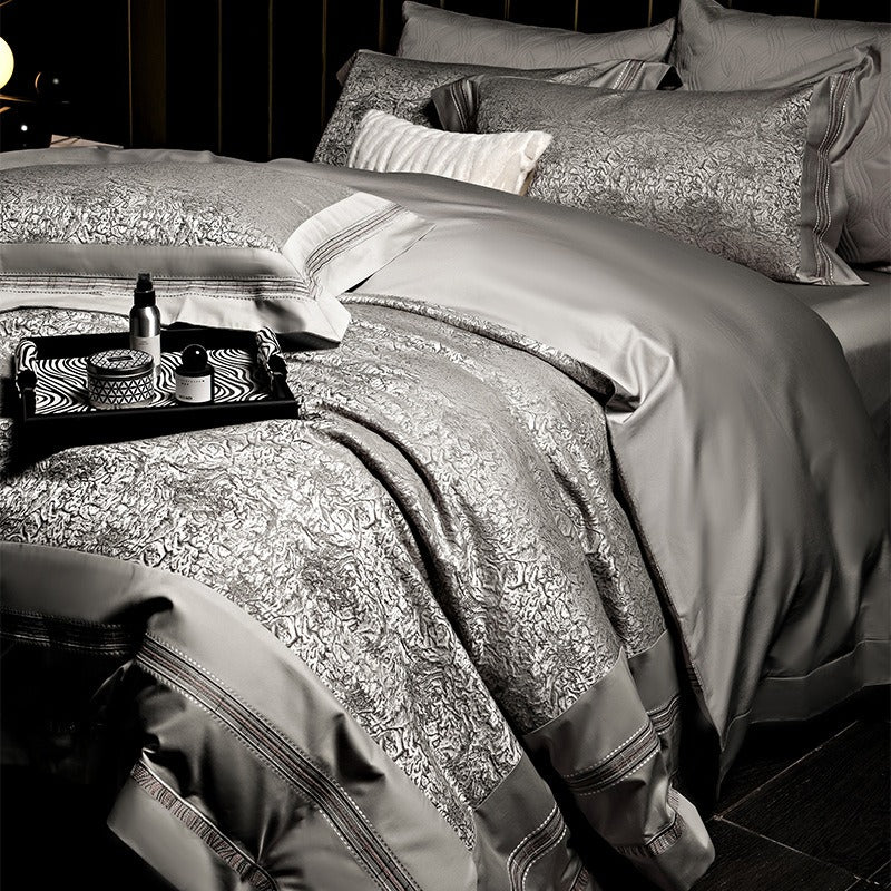 VILZSTUDIOS champagne-silver textured jacquard duvet cover set with wide satin borders
