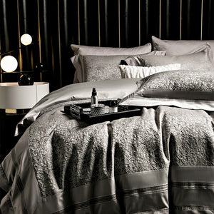 VILZSTUDIOS champagne-silver textured jacquard duvet cover set with wide satin borders