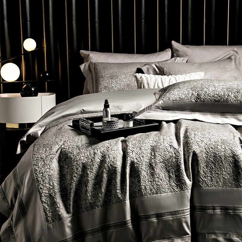 VILZSTUDIOS champagne-silver textured jacquard duvet cover set with wide satin borders
