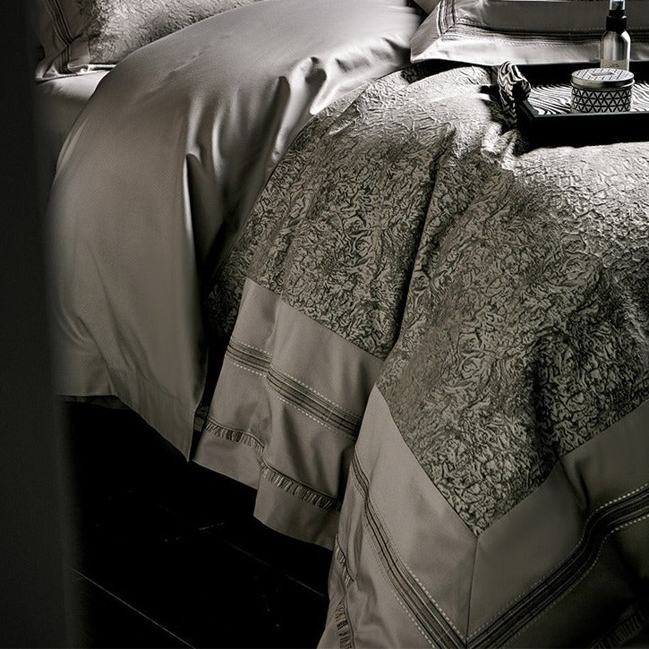 VILZSTUDIOS champagne-silver textured jacquard duvet cover set with wide satin borders