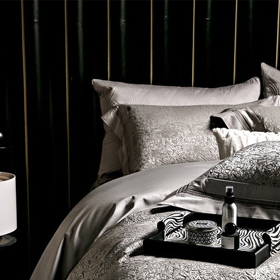 VILZSTUDIOS champagne-silver textured jacquard duvet cover set with wide satin borders