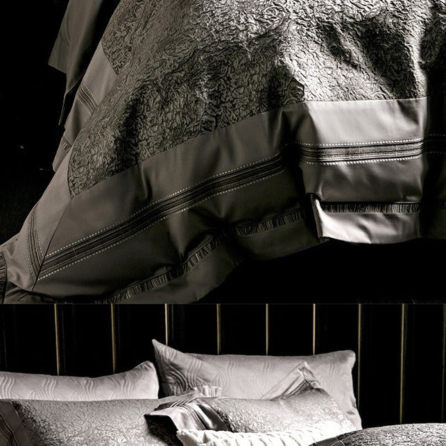 VILZSTUDIOS champagne-silver textured jacquard duvet cover set with wide satin borders