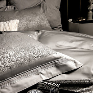 VILZSTUDIOS champagne-silver textured jacquard duvet cover set with wide satin borders