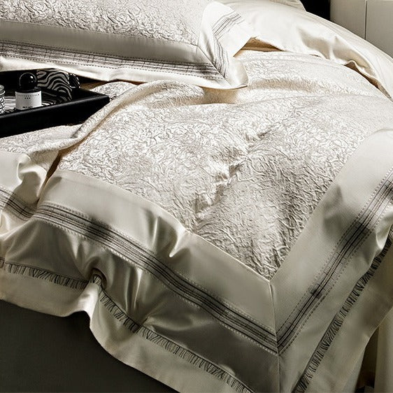 VILZSTUDIOS champagne-silver textured jacquard duvet cover set with wide satin borders