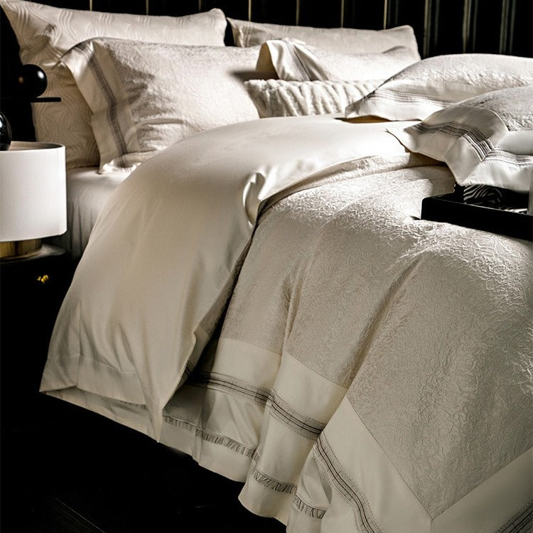 VILZSTUDIOS champagne-silver textured jacquard duvet cover set with wide satin borders