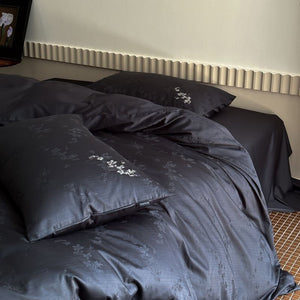 VILZSTUDIOS charcoal damask satin duvet cover set with pinstripe texture and white floral pillowcase embroidery