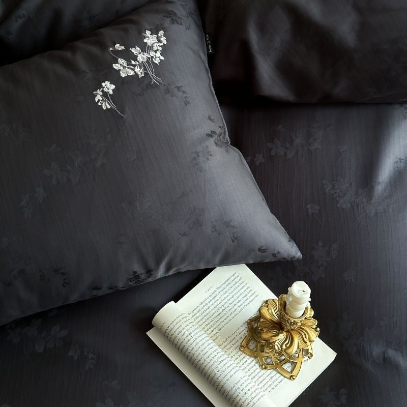 VILZSTUDIOS charcoal damask satin duvet cover set with pinstripe texture and white floral pillowcase embroidery