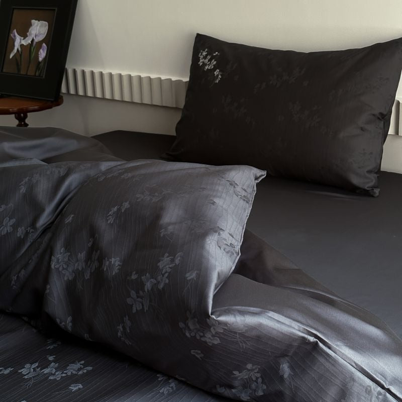 VILZSTUDIOS charcoal damask satin duvet cover set with pinstripe texture and white floral pillowcase embroidery