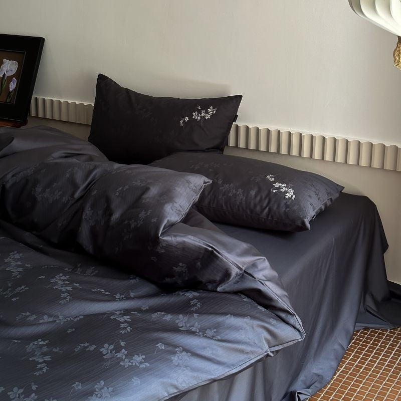 VILZSTUDIOS charcoal damask satin duvet cover set with pinstripe texture and white floral pillowcase embroidery