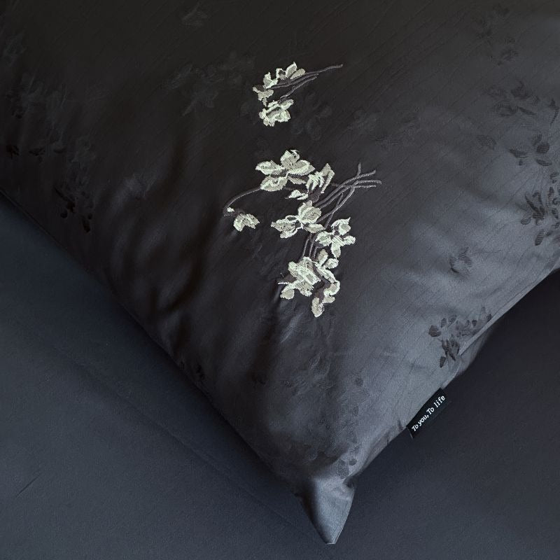 VILZSTUDIOS charcoal damask satin duvet cover set with pinstripe texture and white floral pillowcase embroidery