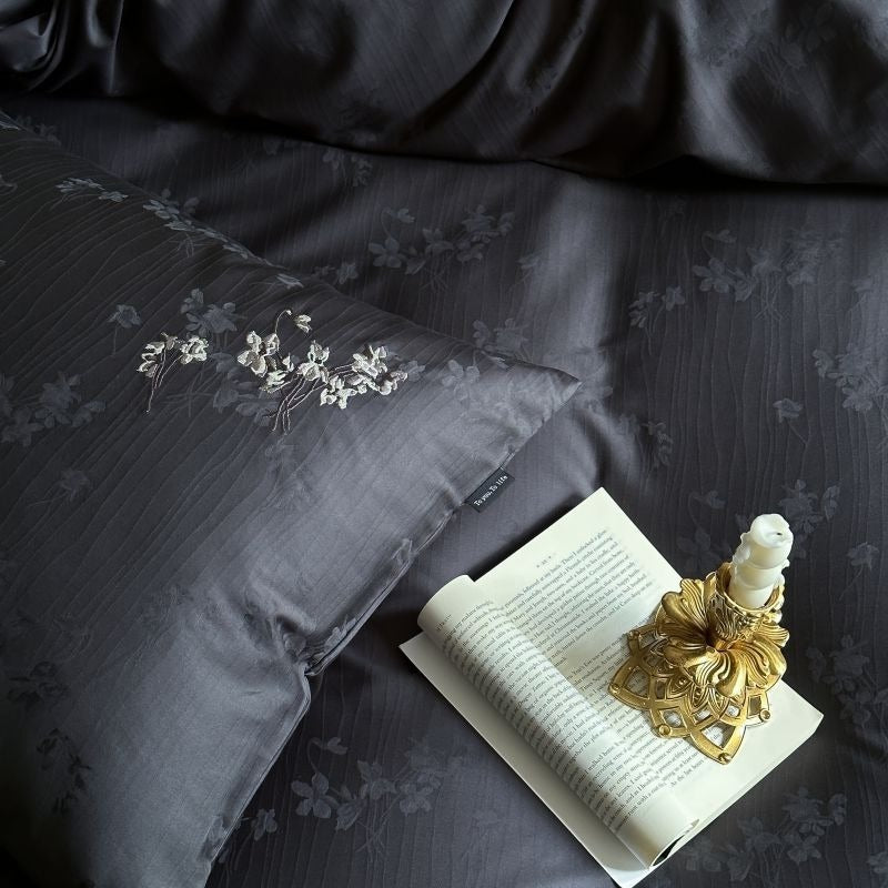 VILZSTUDIOS charcoal damask satin duvet cover set with pinstripe texture and white floral pillowcase embroidery