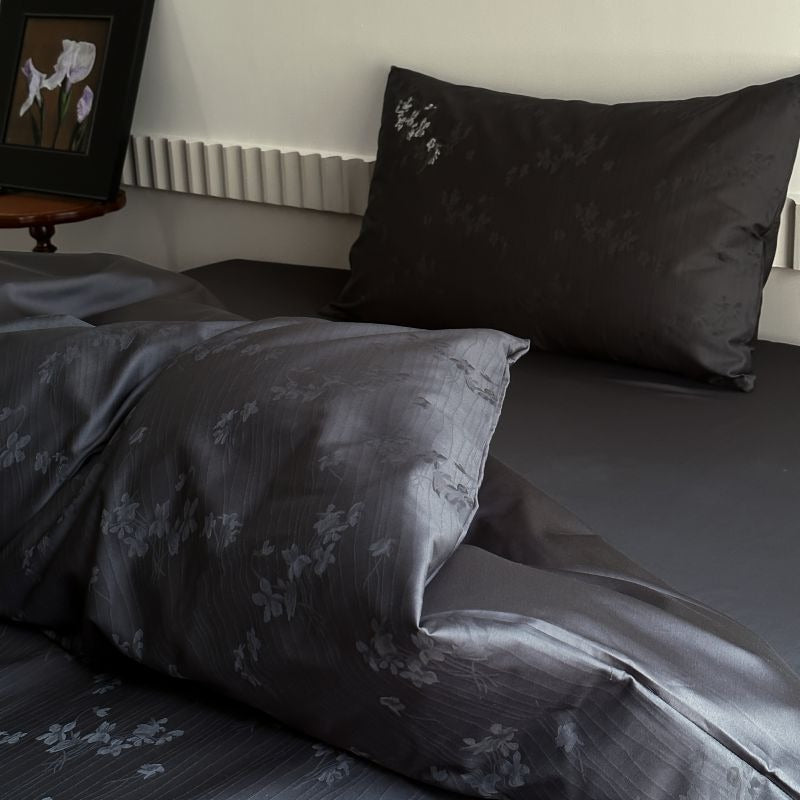 VILZSTUDIOS charcoal damask satin duvet cover set with pinstripe texture and white floral pillowcase embroidery