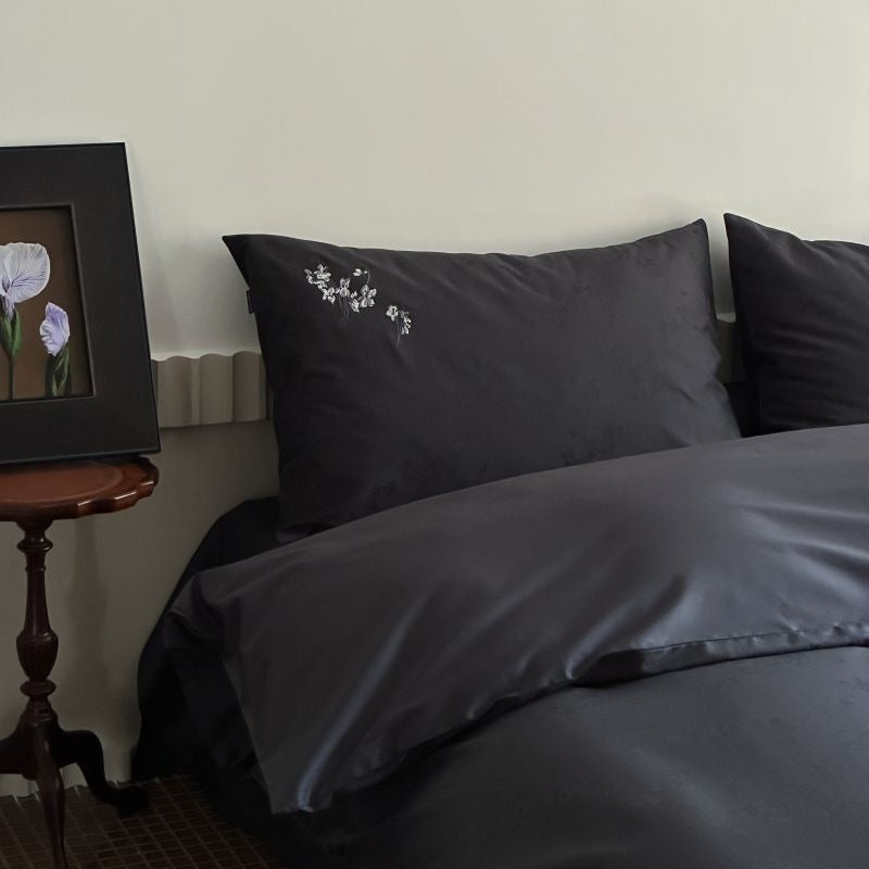 VILZSTUDIOS charcoal damask satin duvet cover set with pinstripe texture and white floral pillowcase embroidery