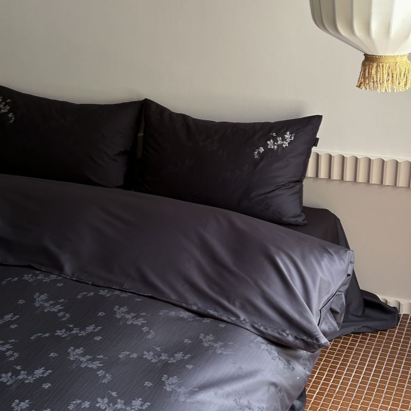 VILZSTUDIOS charcoal damask satin duvet cover set with pinstripe texture and white floral pillowcase embroidery