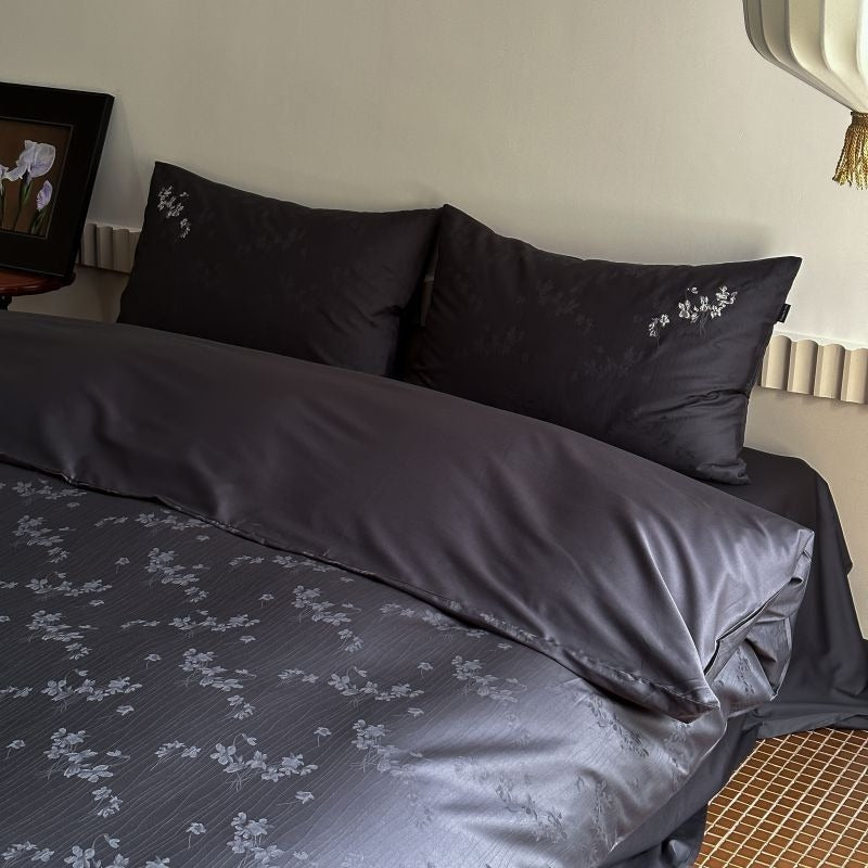 VILZSTUDIOS charcoal damask satin duvet cover set with pinstripe texture and white floral pillowcase embroidery
