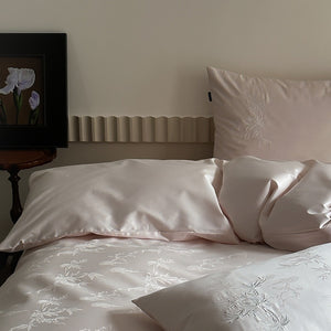 VILZSTUDIOS charcoal damask satin duvet cover set with pinstripe texture and white floral pillowcase embroidery